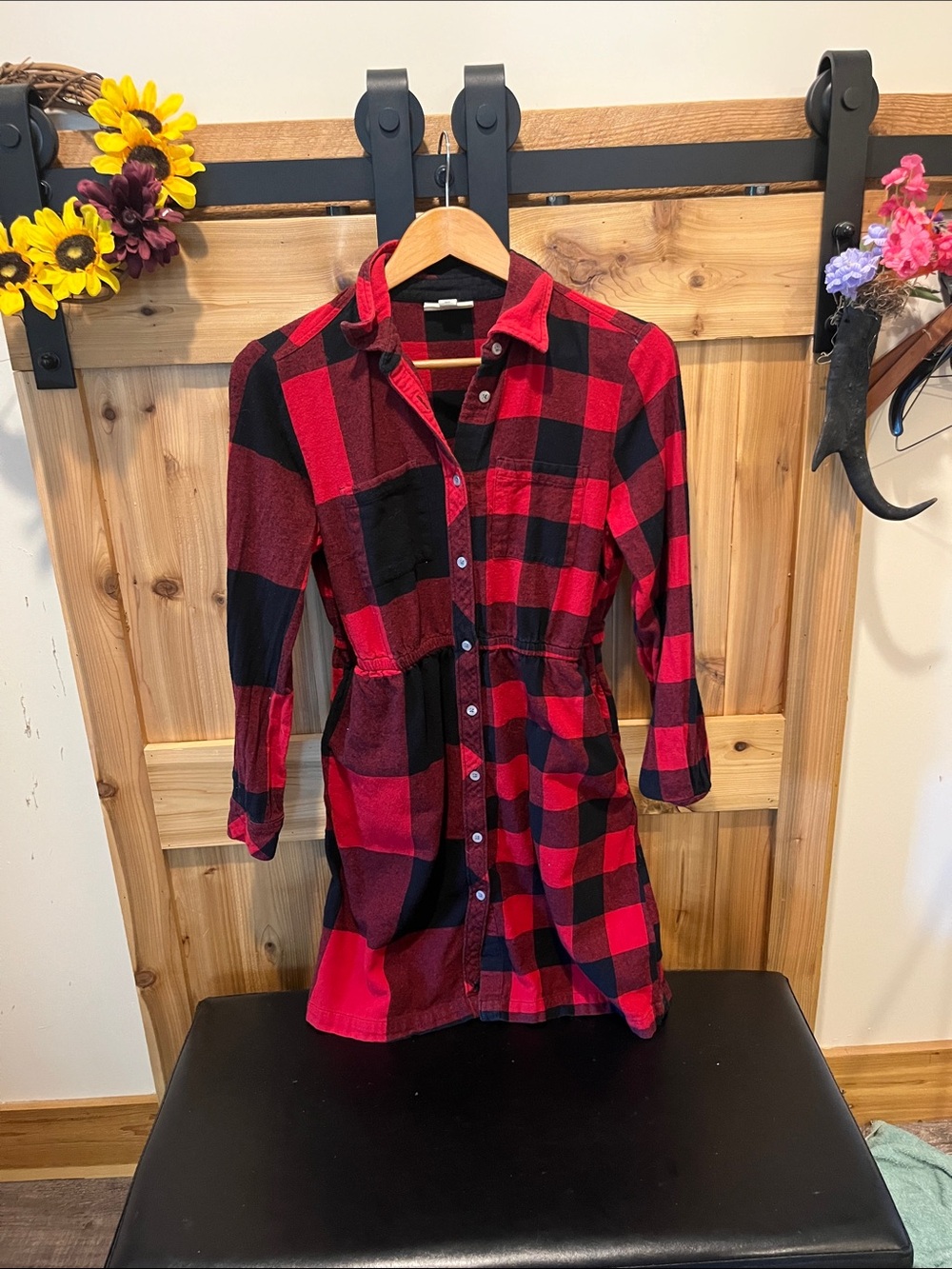 Style & Co. Red and Black Plaid Long Sleeve Shirt Dress